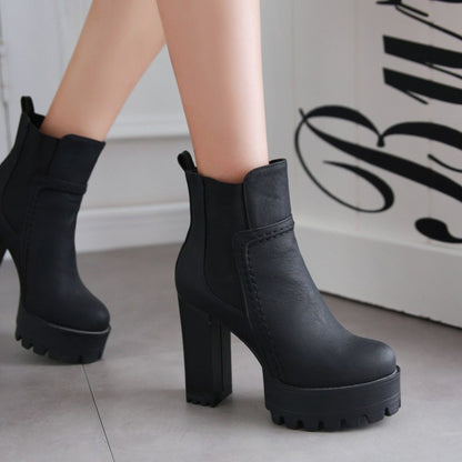 Ladies Frosted Pu Leather Round Toe Block Heel Platform Short Boots