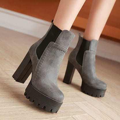 Ladies Frosted Pu Leather Round Toe Block Heel Platform Short Boots