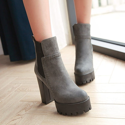 Ladies Frosted Pu Leather Round Toe Block Heel Platform Short Boots