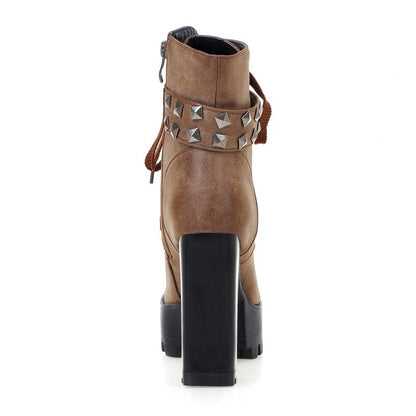 Ladies Retro Pu Leather Round Toe Tied Belts Rivets Block Heel Platform Short Boots