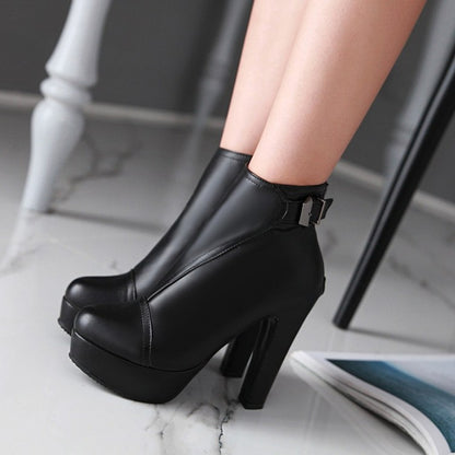 Ladies Pu Leather Round Toe Stitching Belts Buckles Chunky Heel Platform Short Boots