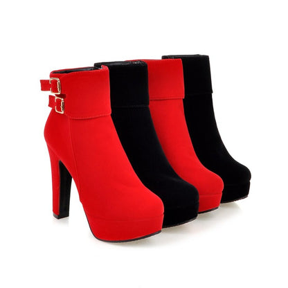 Ladies Suede Round Toe Side Zippers Belts Buckles Chunky Heel Platform Short Boots