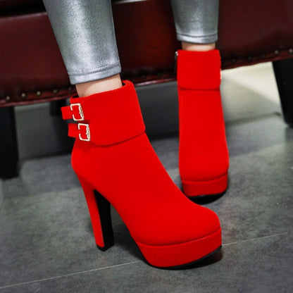 Ladies Suede Round Toe Side Zippers Belts Buckles Chunky Heel Platform Short Boots