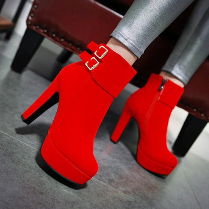 Ladies Suede Round Toe Side Zippers Belts Buckles Chunky Heel Platform Short Boots