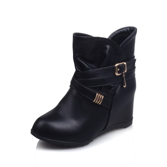 Pu Leather Round Toe Crossed Buckle Straps Wedge Heel Short Boots for Women