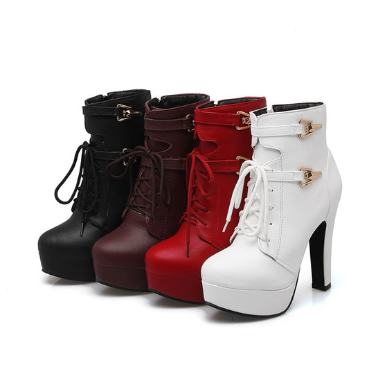 Pu Leather Almond Toe Lace Up Side Zippers Block Chunky Heel Platform Short Boots for Women