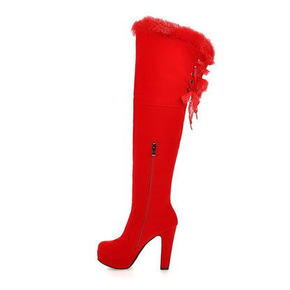 Ladies Suede Round Toe Fur Zipper Platform Chunky Heel Knee High Boots