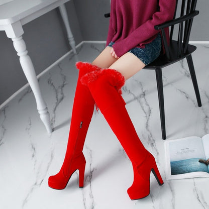 Ladies Suede Round Toe Fur Zipper Platform Chunky Heel Knee High Boots