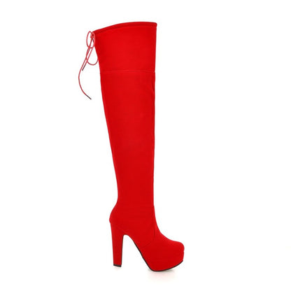 Ladies Suede Round Toe Back Tied Side Zipper Platform Chunky Heel Over the Knee Boots