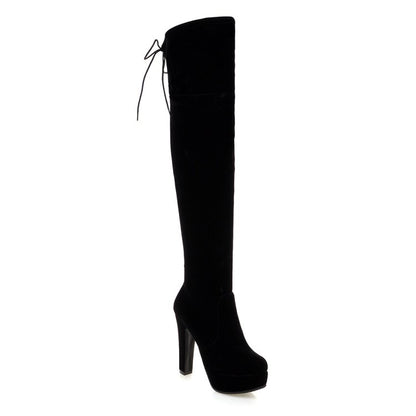 Ladies Suede Round Toe Back Tied Side Zipper Platform Chunky Heel Over the Knee Boots