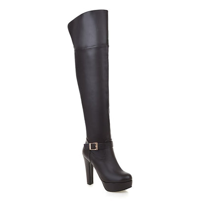 Ladies Pu Leather Side Zippers Belts Buckles Chunky Heel Platform Over the Knee Boots