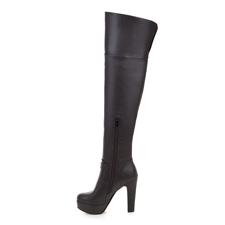 Ladies Pu Leather Side Zippers Belts Buckles Chunky Heel Platform Over the Knee Boots