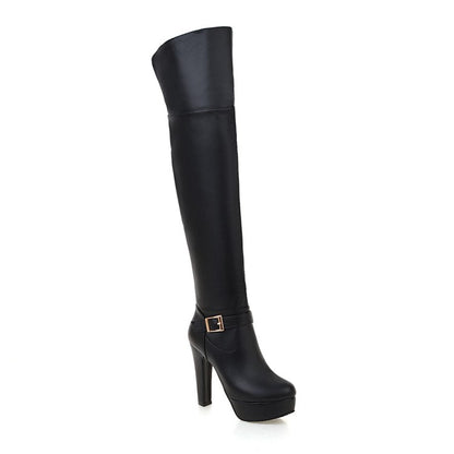 Ladies Pu Leather Side Zippers Belts Buckles Chunky Heel Platform Over the Knee Boots