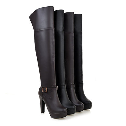 Ladies Pu Leather Side Zippers Belts Buckles Chunky Heel Platform Over the Knee Boots