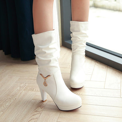 Pu Leather Almond Toe Metal Rhinestone Pendants Block Chunky Heel Platform Mid Calf Boots for Women