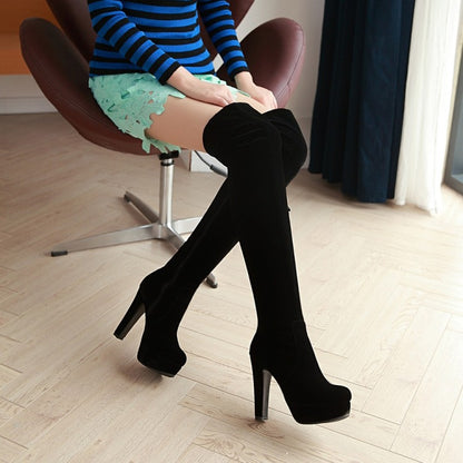 Ladies Suede Round Toe Side Zippers Chunky Heel Platform Over the Knee Boots