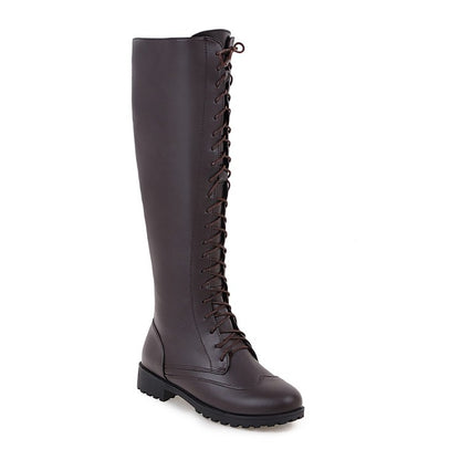 Ladies Pu Leather Round Toe Low Heel Lace Up Knee High Boots