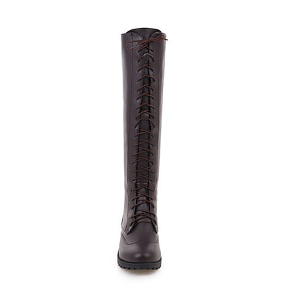 Ladies Pu Leather Round Toe Low Heel Lace Up Knee High Boots