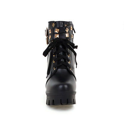 Ladies Pu Leather Belts Buckles Lace Up Block Heel Platform Ankle Boots