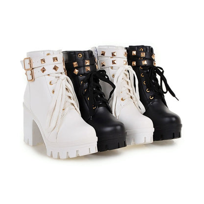 Ladies Pu Leather Belts Buckles Lace Up Block Heel Platform Ankle Boots