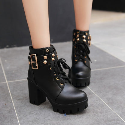 Ladies Pu Leather Belts Buckles Lace Up Block Heel Platform Ankle Boots