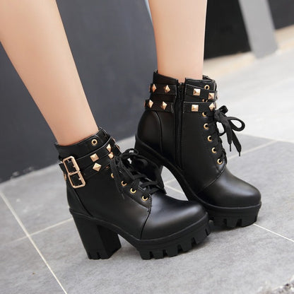 Ladies Pu Leather Belts Buckles Lace Up Block Heel Platform Ankle Boots