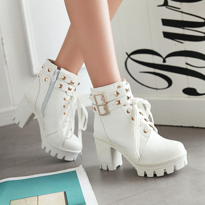 Ladies Pu Leather Belts Buckles Lace Up Block Heel Platform Ankle Boots