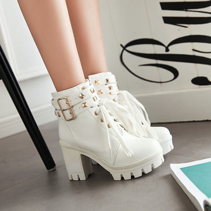 Ladies Pu Leather Belts Buckles Lace Up Block Heel Platform Ankle Boots