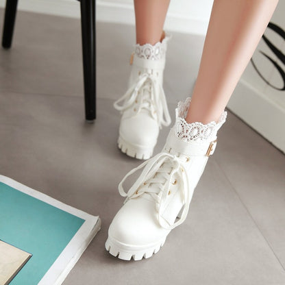 Ladies Round Toe Lace Up Lace Chunky Heel Platform Ankle Boots