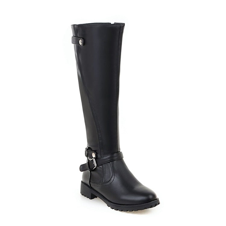 Ladies Pu Leather Round Toe Side Zippers Low Heel Knee High Boots