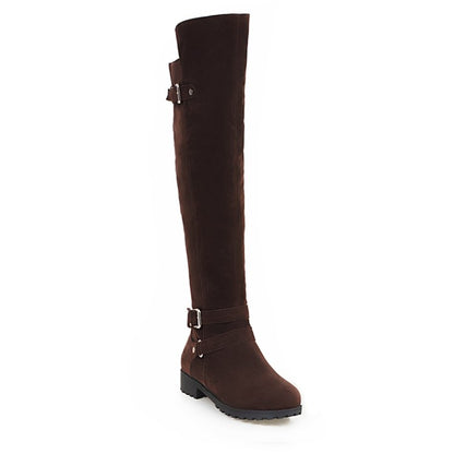 Ladies Frosted Belts Buckles Round Toe Side Zippers Knee High Boots