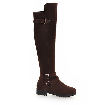 Ladies Frosted Belts Buckles Round Toe Side Zippers Knee High Boots