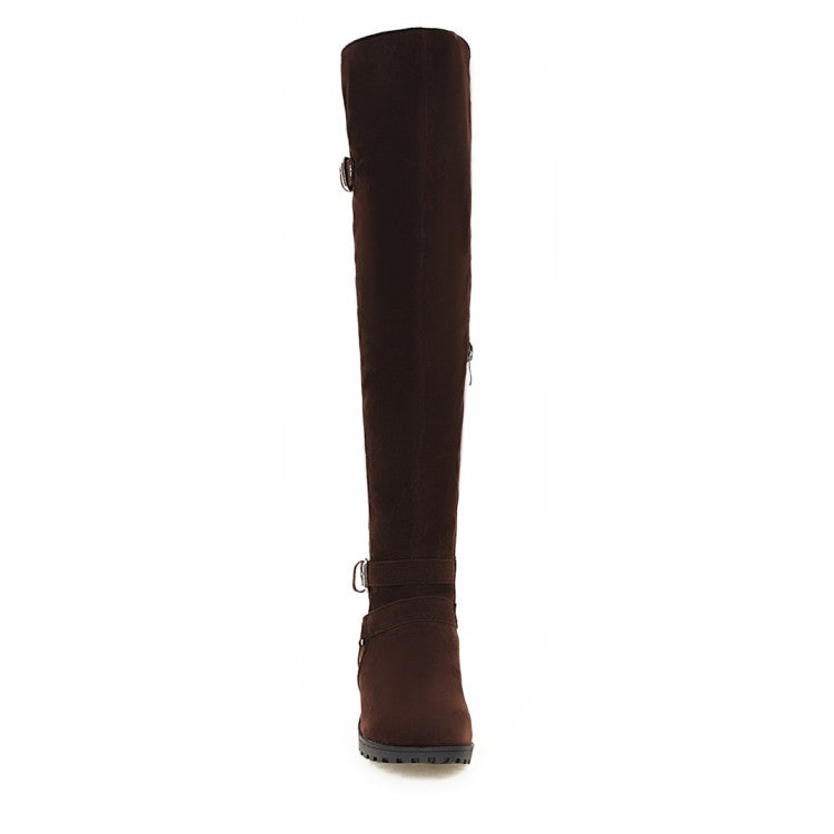 Ladies Frosted Belts Buckles Round Toe Side Zippers Knee High Boots