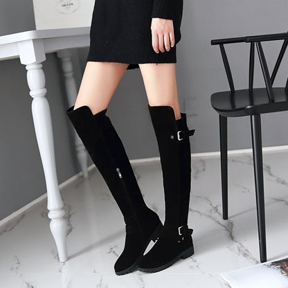 Ladies Frosted Belts Buckles Round Toe Side Zippers Knee High Boots