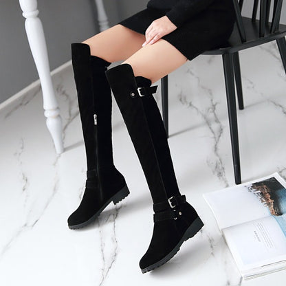 Ladies Frosted Belts Buckles Round Toe Side Zippers Knee High Boots