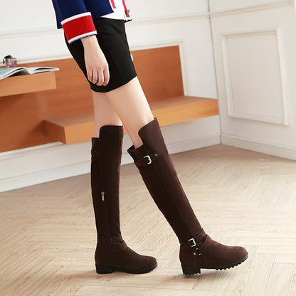 Ladies Frosted Belts Buckles Round Toe Side Zippers Knee High Boots