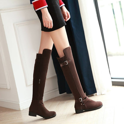 Ladies Frosted Belts Buckles Round Toe Side Zippers Knee High Boots