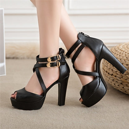 Ladies Solid Color Peep Toe Hollow Out Cross Ankle Strap Chunky Heel Platform Sandals