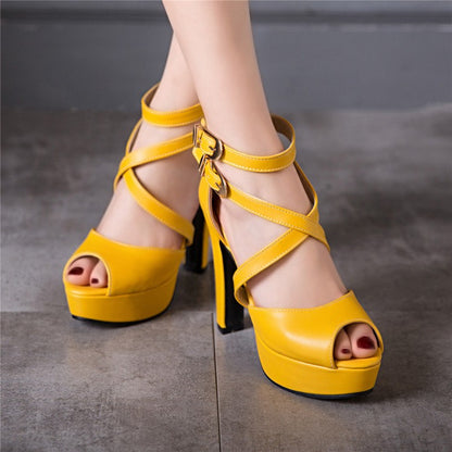 Ladies Solid Color Peep Toe Hollow Out Cross Ankle Strap Chunky Heel Platform Sandals