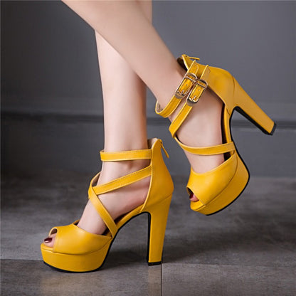 Ladies Solid Color Peep Toe Hollow Out Cross Ankle Strap Chunky Heel Platform Sandals