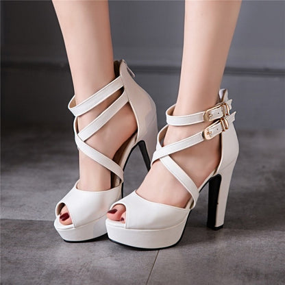 Ladies Solid Color Peep Toe Hollow Out Cross Ankle Strap Chunky Heel Platform Sandals