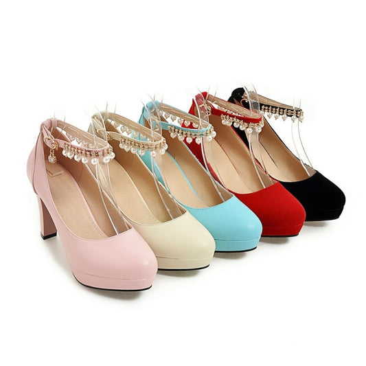 Ladies Pu Leather Round Toe Rhinestone Chunky Heel Platform Pumps