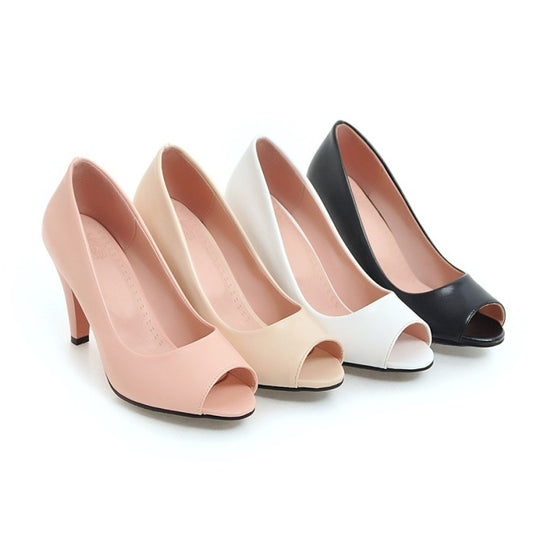 Ladies Pumps Pu Leather Peep Toe Chunky Heel Shoes