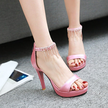 Ladies Rhinestone Ankle Strap Beading Stiletto High Heel Platform Sandals