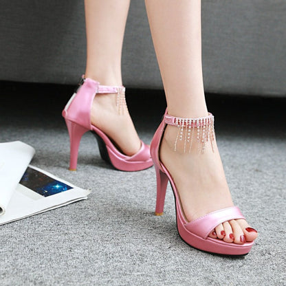 Ladies Rhinestone Ankle Strap Beading Stiletto High Heel Platform Sandals