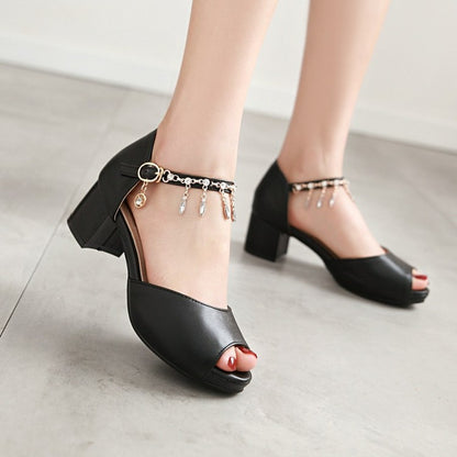 Ladies Peep Toe Ankle Strap Chains Rhinestone Block Heel Sandals