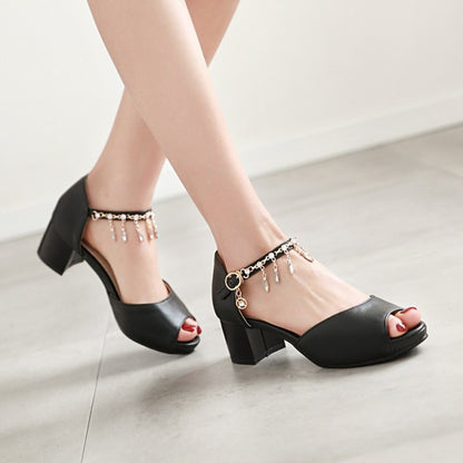 Ladies Peep Toe Ankle Strap Chains Rhinestone Block Heel Sandals