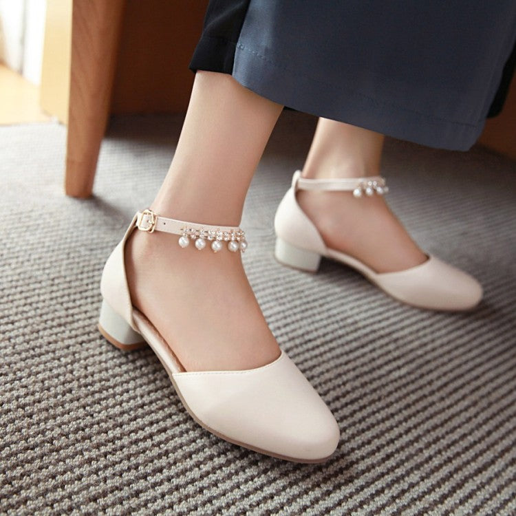 Ladies Solid Color Round Toe Hollow Out Pearls Ankle Strap Block Heel Low Heels Sandals