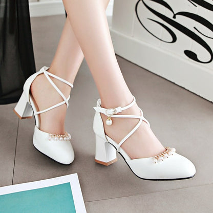 Ladies Pearls Ankle Wrap High Heels Block Heel Sandals