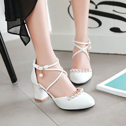 Ladies Pearls Ankle Wrap High Heels Block Heel Sandals